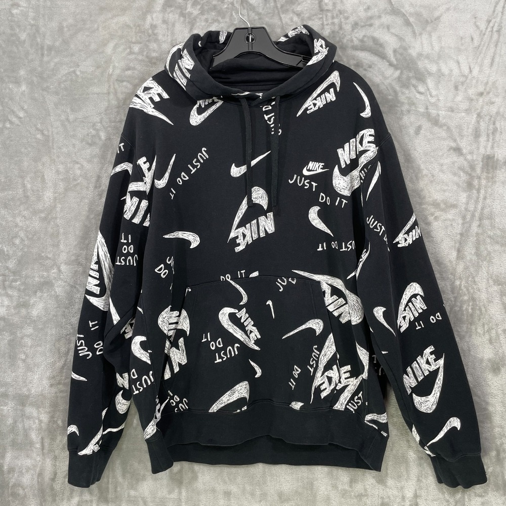 Nike Sportswear Club Hoodie Drawn Logo All Over Print Men's XL Graffiti Black